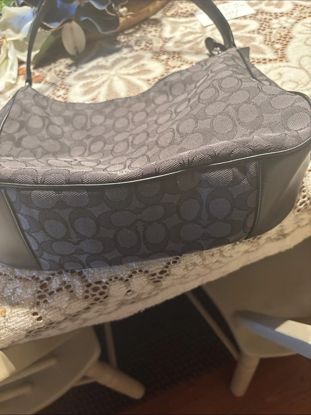 Coach Gray Signature Jacquard Shoulder Bag with Black Trim